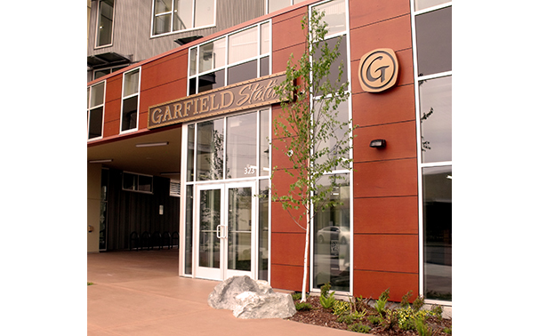 Garfield Station exterior signage in copper